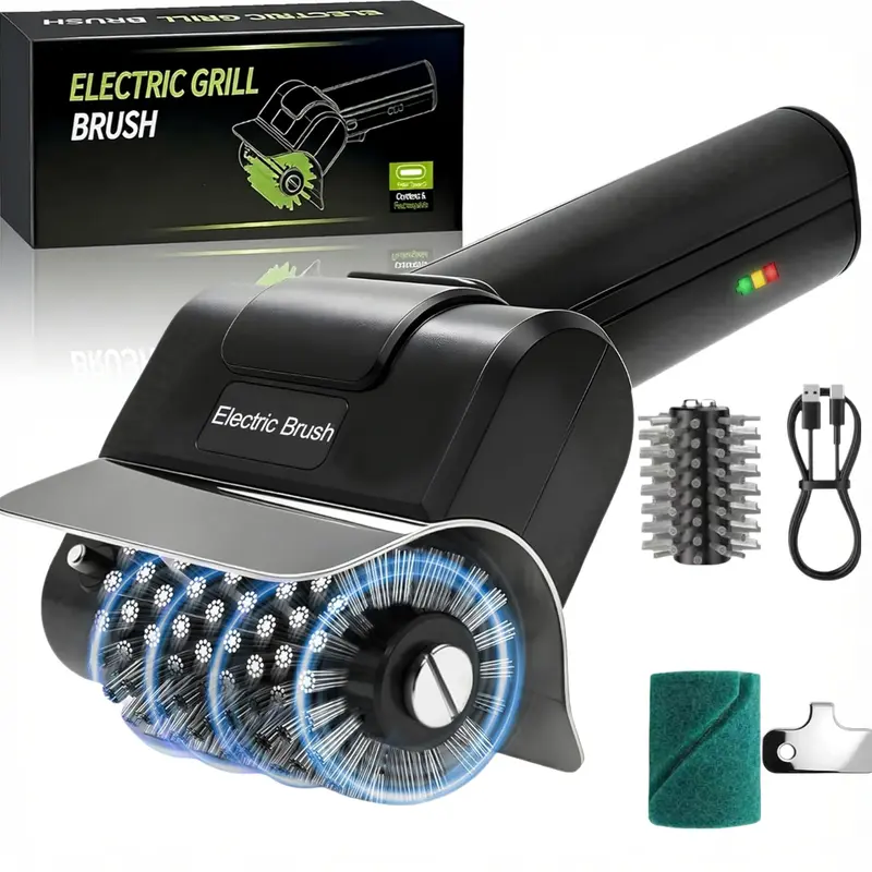 Cordless USB Rechargeable Electric BBQ Cleaning Brush - Durable Grilling Accessory, High-Speed Motor, Heavy-Duty Stainless Steel Bristles, Replaceable Heads, Automatic Grate Cleaner, Scouring Pad, Scratch-Resistant Gloves, BBQ Tools, Utensils for Fathers