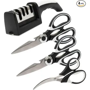 4Pcs Heavy Duty Kitchen Shears with Knife and Scissor Sharpener Tool - Multipurpose Stainless Steel Scissors for Food - Sharp Food-Grade Kitchen Scissor for Meat, Seafood,Poultry