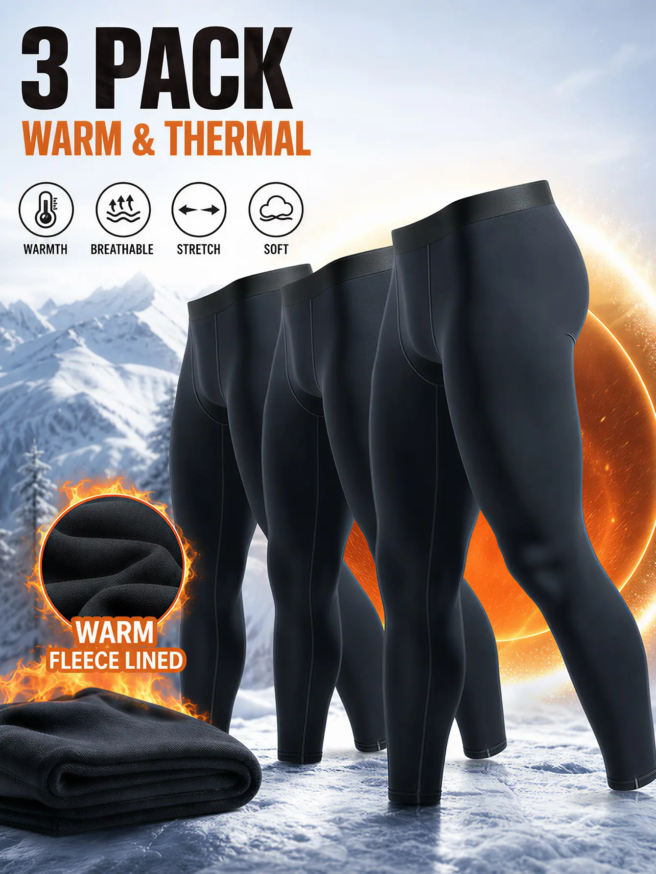 Men's 3-Piece Thermal Underwear Set—Thermal Compression Tights—Stretch Training Thermal Pants, ideal for training in cold weather, skiing, running, and fitness outdoorfun