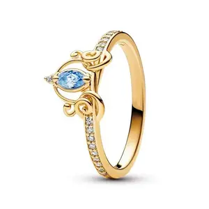 Cinderella's Carriage Ring 585/14K Gold-Plated Blue Marquise Stone & Cubic Zirconia Pavé Band Design