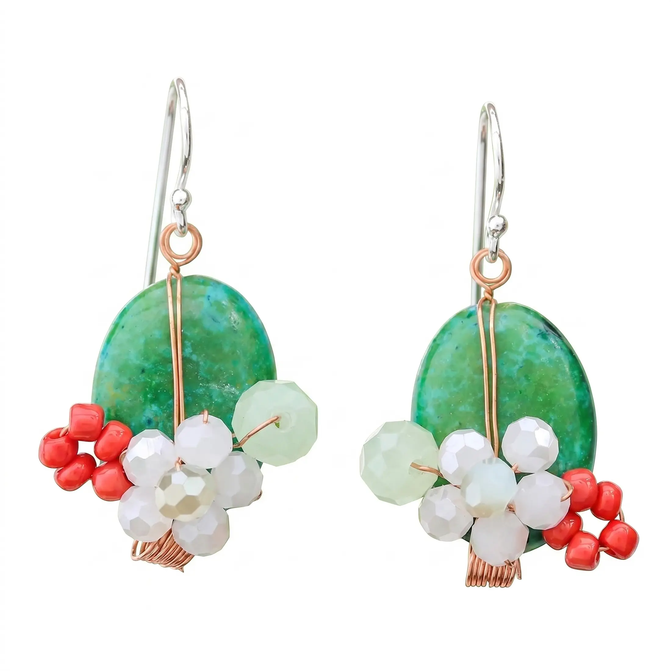 Novica Artisan Handmade Quartz Dangle Earrings Serpentine Glass Bead With Copper Sterling Silver Multicolor Thailand Birthstone [1.3 In L X 0.6 In W] ' Garden Bliss In Teal'
