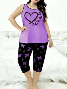 Women's Casual Plaid Pyjama Set, Heart Butterfly Print Vest & Seven-Quarter Pants, Soft Lightweight Fabric, Sleeveless Home Wear, Loungewear, Nightwear