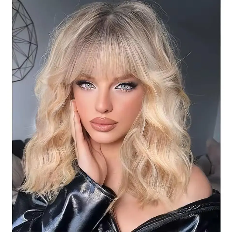 Bob Wig with Bangs Short Wavy Wigs for Women Bob Style Shoulder Length Heat Resistant Synthetic Wigs for Cosplay Costume Party Daily Use