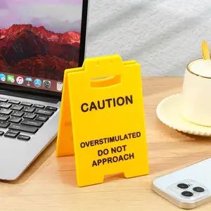 Caution Overstimulated Desk Sign - Yellow Sign with Black Text, Humor Gag Gift for Coworkers, Boss & Employees, Mini Novelty Funny Desk Decor