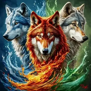 Three Elemental Wolves (Fire, Water, Earth) Fantasy Art 5D Full Drill Diamond Painting Kit, Crystal Rhinestone Embroidery, Embroidery Design, Mystical Wildlife Wall Decor, DIY Craft for Home Living Room, Art & Craft Enthusiasts
