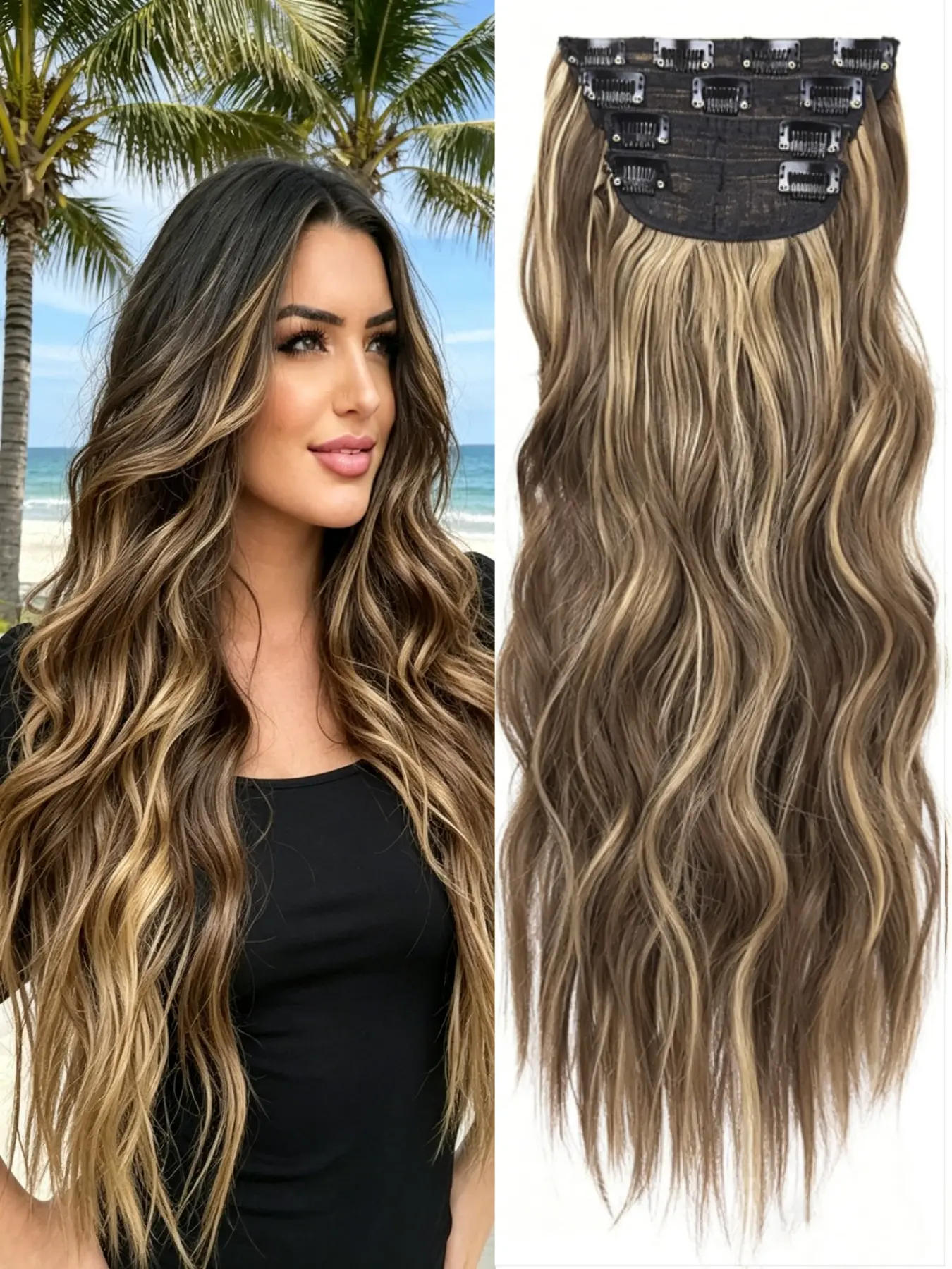 🔥 Sun-Kissed Balayage Clip-In Wavy Hair Extensions | Thick Double Weft Synthetic Hairpieces with Secure Clips, Instant Volume & Length for Women Wavy Synthetic Wigs