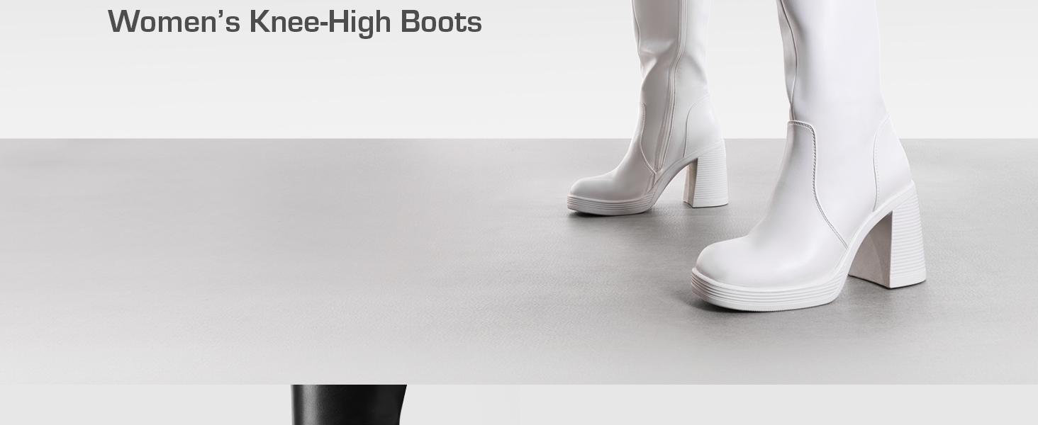 DREAM PAIRS Women's Knee High Boots Square Toe Chunky Block Heel Side Zipper Platform Gogo Boots