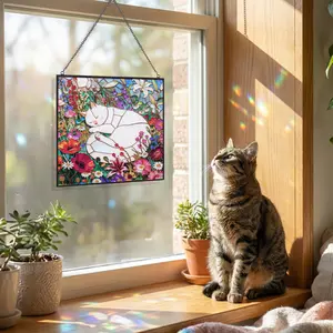 Ivydale Cat Stained Glass Window Hanging, 7.9" Square Suncatcher with Chain Suction Cup, Cute Kitten Sun Catchers Indoor Window, Colorful Cat Decor for Wall, Porch, Birthday, Snow White Cat
