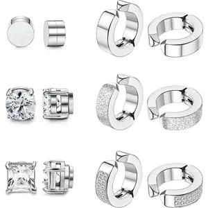 FLORIDECO 6 Pairs Stainless Steel Magnetic Stud Earrings for Men Women Hoop Earrings Clip on CZ Non-Piercing Jewelry Cubic Zirconia