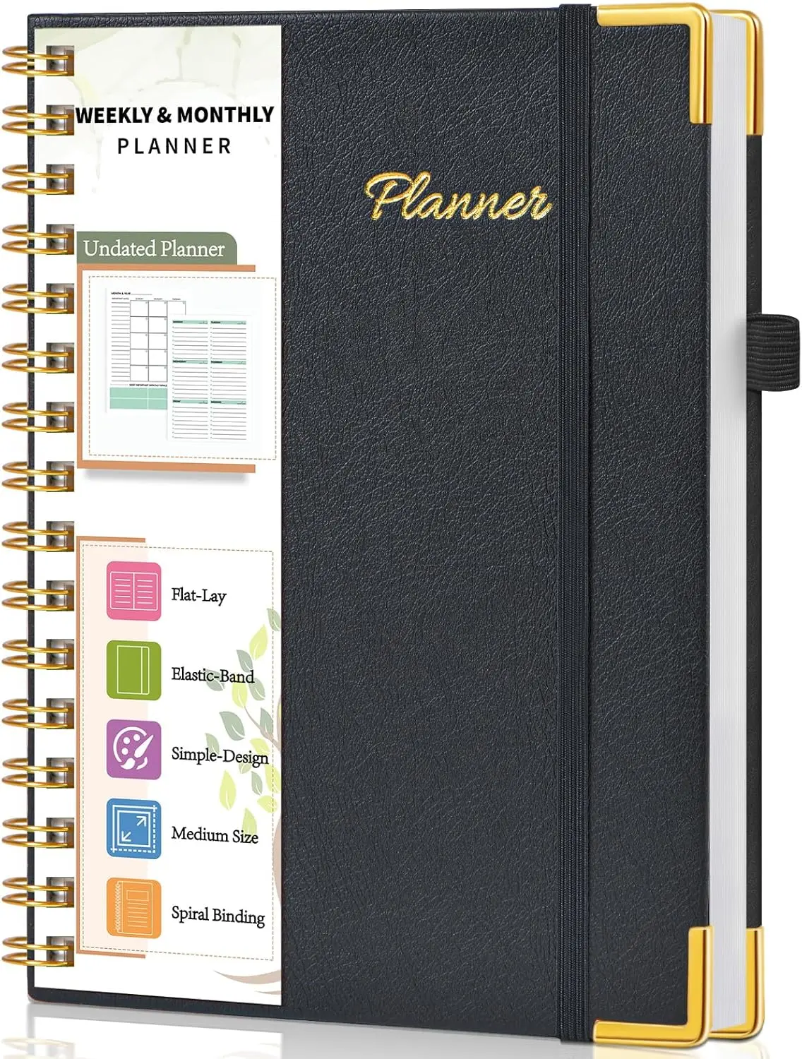 Undated Weekly Planner, Hardcover Leather Weekly & Monthly Calendar Blank Planner,  Notebook with Goal & Habit  Organizer, A5 Daily Planner with Spiral Binding, Ideal for Work School , Black