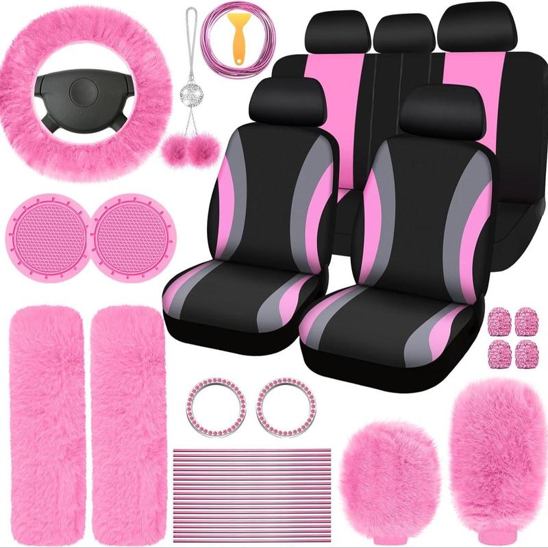 Car Interior Decorative Accessories, Car Seat Decorative Accessories, Universal Plush Steering Wheel Protective Cover Kit, Fashionable Car Interior Seat Set for Women & Men, Cute Car Accessories