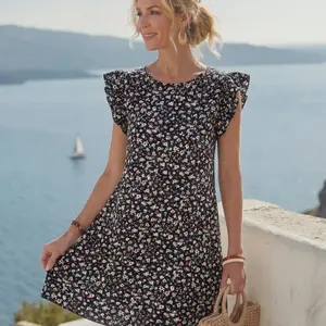 Ditsy Floral Print Ruffle Sleeve A-Line Mini Dress For Women Casual Summer