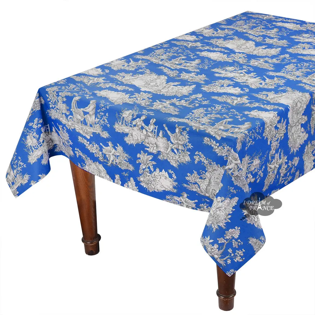 60x108" Rectangular Villandry Blue Toile Acrylic-Coated Cotton Tablecloth by Le Cluny