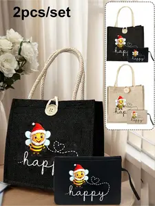 Multifunctional tote bag featuring printed Christmas bees, hearts, and the word "Happy", comes with a matching wristlet bag, cute Christmas hat bee design, festive letter pattern shopping bag, portable, lightweight, and foldable storage bag, simple