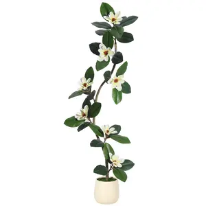 【GARVEE】5FT Artificial Fiddle Leaf Fig Tree With Magnolia Flowers, Faux Plants With White Planter Pot, Faux Floor Plant, Indoor and Outdoor Rubber Tree for Home Office Decor