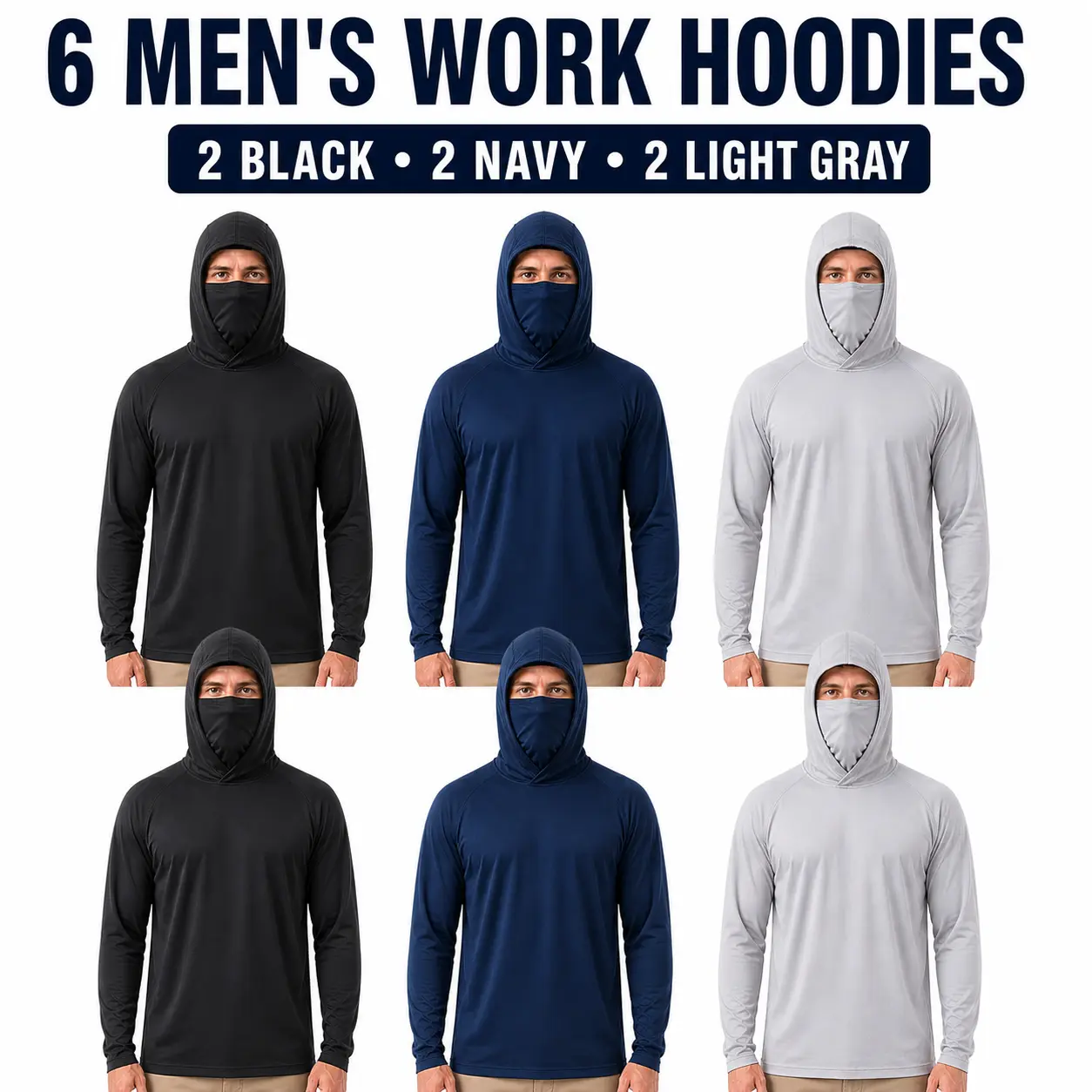 Men's 6-Pack Hooded Work Shirts - Built-In Face Cover, UPF 50+ Sun Protection, Long Sleeve, Quick-Dry for Construction, Landscaping drip clothing