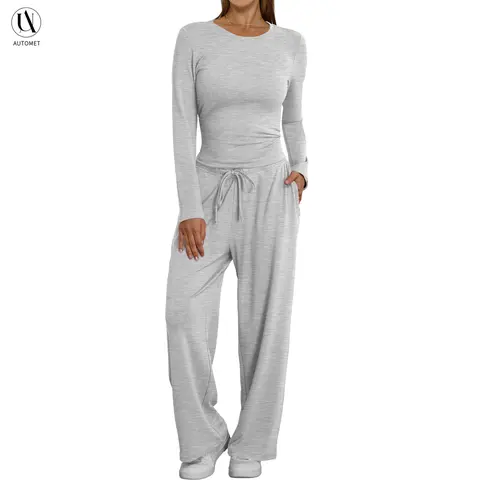 AUTOMET Women's 2-Piece Loungewear Set - Asymmetrical Long Sleeve T-Shirt & Wide Leg Pants, Soft, Minimalist Matching Casual Tracksuit Basic Clothing, Soft Lounge Sets, 2 Piece Sets, Women 2 Piece Sets