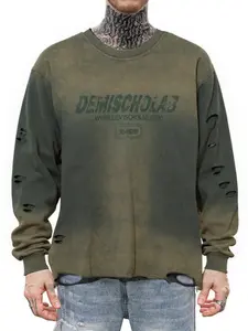 Men's Vintage Wash Tie-Dye Ripped Faux Fur Letter Print Sweatshirt, Casual Round Neck Long Sleeve Top, Fall & Winter Fashion, Graphic Sweatshirts