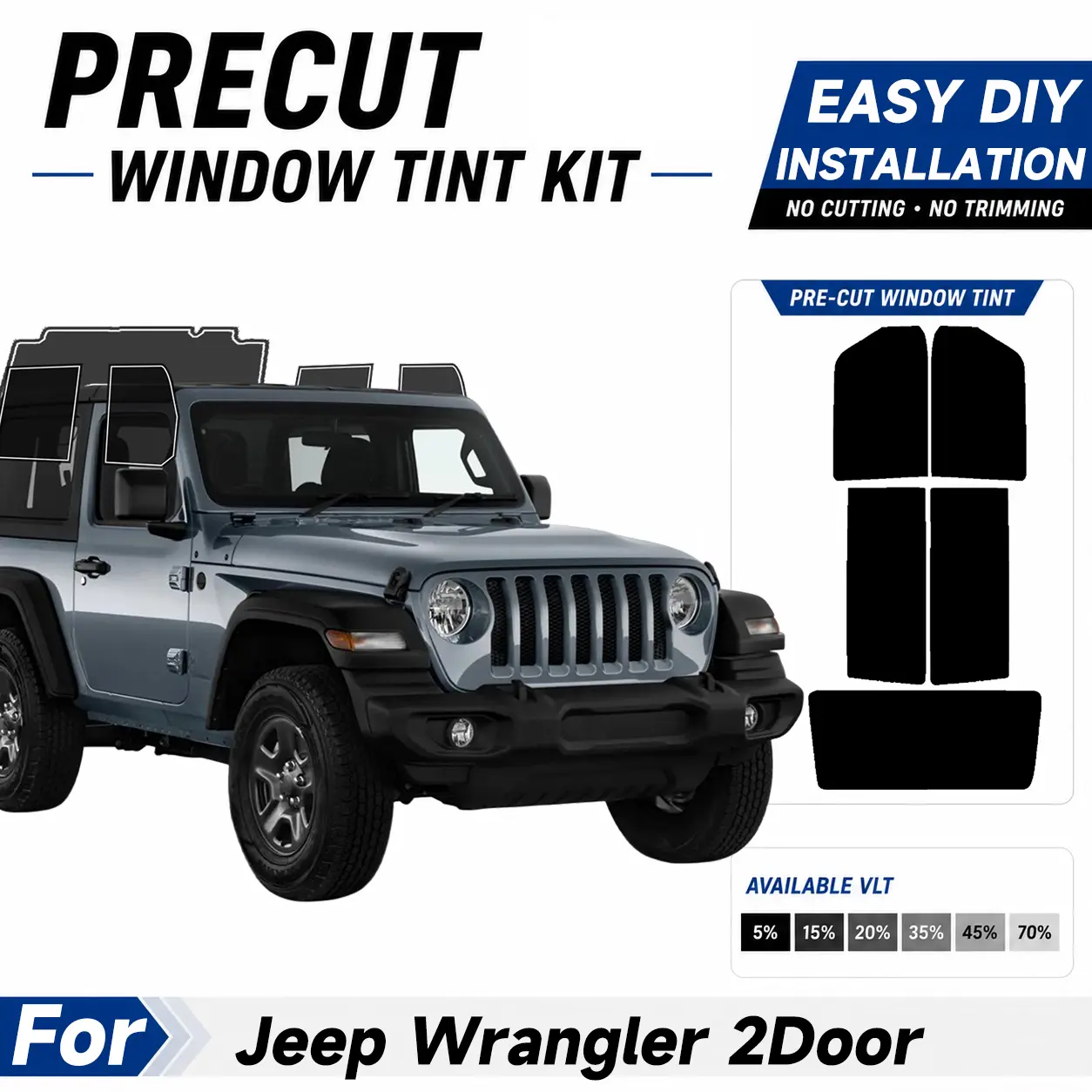 Automotive Custom Size Pre-cut Window Tint - Easy to Apply Installation Pre Cut Tint Kit, Sun protection UV Protection & Car For Jeep Wrangler 2Door 2007-2026