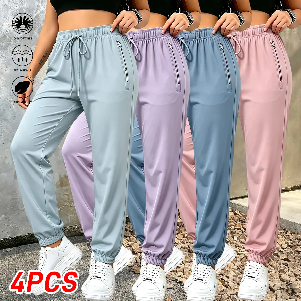 Women’s fashionable casual long pants that are cool, soft and skin-friendly, breathable and not stifling, machine washable and dry cleanable, featuring elastic cuffs—stylish zippered pockets that are convenient and practical, suitable for outdoor sports.
