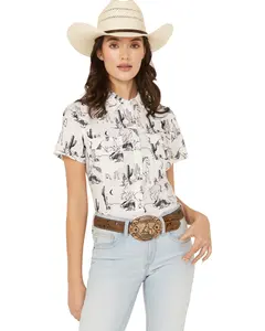 Wrangler Women's Retro Boot Barn Horse Print Short Sleeve Snap Western Shirt - 112367196