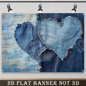 2D Flat Banner,1pc blue double heart denim design backdrop, made of polyester, is perfect for birthdays, weddings, bachelor/bachelorette parties, and outdoor gatherings.