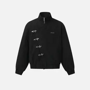 Aelfric Eden Metal Button Boxy Jacket Black Long Sleeve Stand Collar Slant Placket Unisex Fashion Street Jacket Retro Y2K