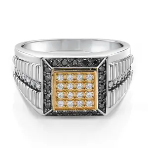 Gem Stone King Men's 925 Sterling Silver & 10K Yellow Gold Lab Grown Diamond & Black Diamond Cuban Rolex Style Square Cut Band Ring For Men | 0.56 Cttw | Available In Size 7, 8, 9, 10, 11, 12, 13