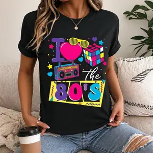 Women's "I Love the 80s" Retro Graphic Short-Sleeve Round Neck T-Shirt - Lightweight Breathable Fabric, Vintage Boombox & Rubik’s Cube Print, 1-Piece Basic Style Top, Ideal for 80s Theme Parties & Casual Wear