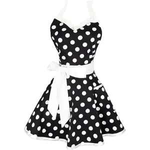 Lovely Sweetheart Retro Kitchen Aprons Woman Girl Cotton Polka Dot Cooking Salon Dress Pinafore  Apron Mothers  (Black)