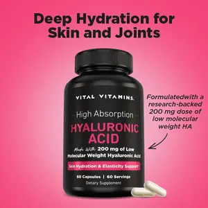 Vital Vitamins Hyaluronic Acid Capsules 200mg (Low Molecular Weight HA) – Daily Skin Hydration Supplement for Plump, Glowing, Supple Skin + Elasticity Support – Vegan, Gluten-Free