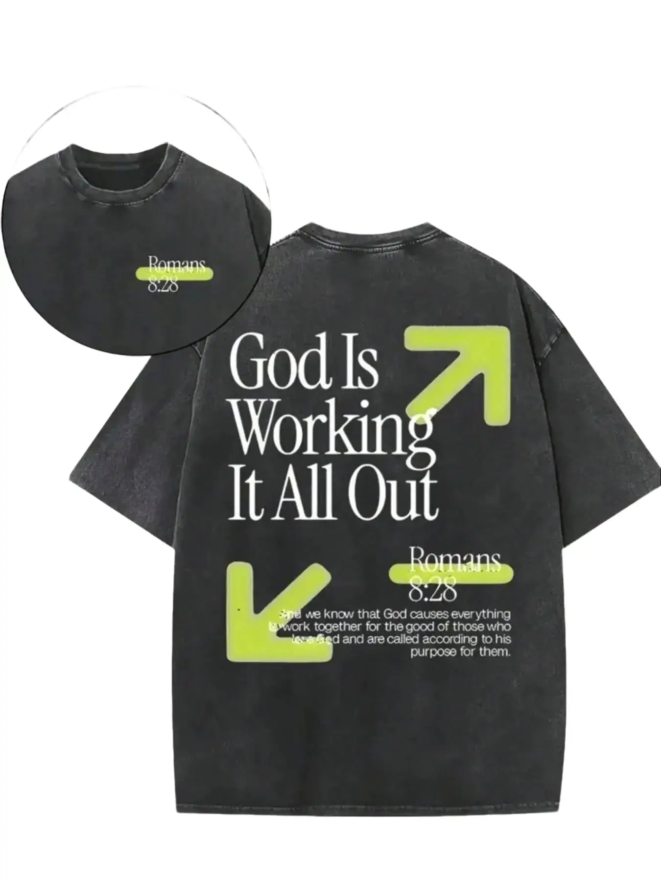 Unisex Religious Theme 100% Cotton T-Shirt - Vintage Washed, Simple Round Neck, Breathable Short-Sleeve, Romans 8:28 Print, Ideal for School, Outdoor, Festivals & Gifting (Menswear Fashion)