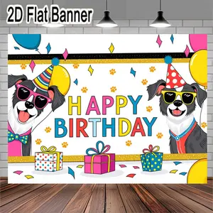 2D flat banner, 1pcColorful Happy Birthday Illustration with Cartoon Dogs and Gift Boxes, Festive Party Decor Featuring Bold Multicolored 'HAPPY BIRTHDAY' Text, Perfect for Birthday Celebrations, Vibrant Party Decorations with Paw Prints and Balloo