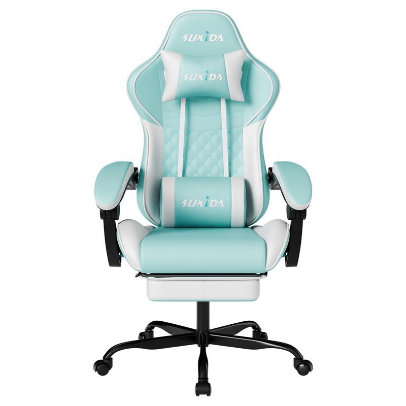 SUIKDA Ergonomic Gaming Chair with 360° Swivel and Footrest PU Leather Office Chair Features Memory Foam Headrest and Lumbar Support to Relieve Back Pain