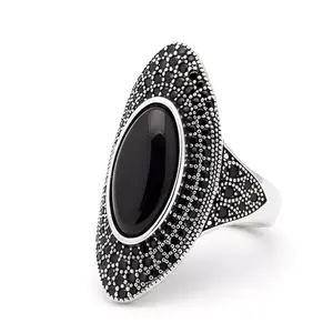 HXS 925 Retro Women's Ring with Black AgateStone Inlaid, Individually Exaggerated, LargeRing for Parties, Matching Clothes, GivingFriends, and Giving Yourself Holiday Gifts