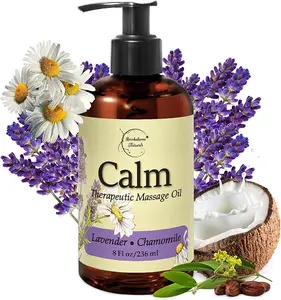 Calm Massage Oil with Lavender & Chamomile essential oils. All-natural formula with Coconut, Grapeseed & Jojoba for smooth skin and muscle relaxation.