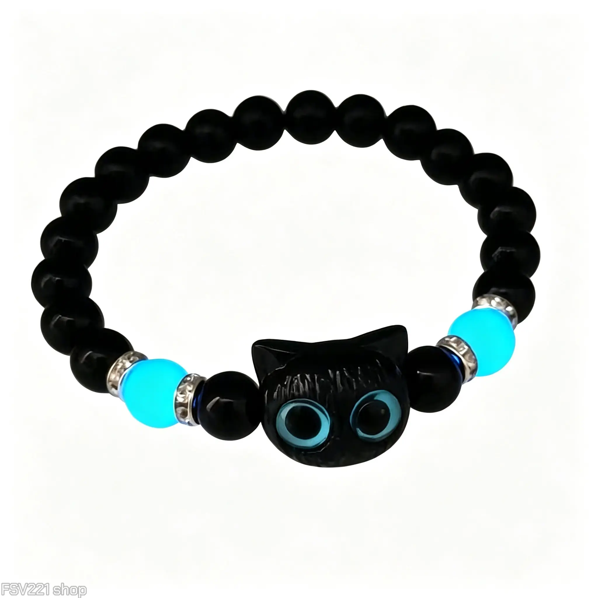 Women's Cute 3D Cat Bangle Bracelet, Black Beaded Costume Jewelry, Ideal for Daily Wear, Anniversary & Birthday Womens Gifts, Glow In The Dark, Adjustable, 45Cm, Beaded Bracelets, Jewelry Gifts, Fashion Bracelet campingessentials