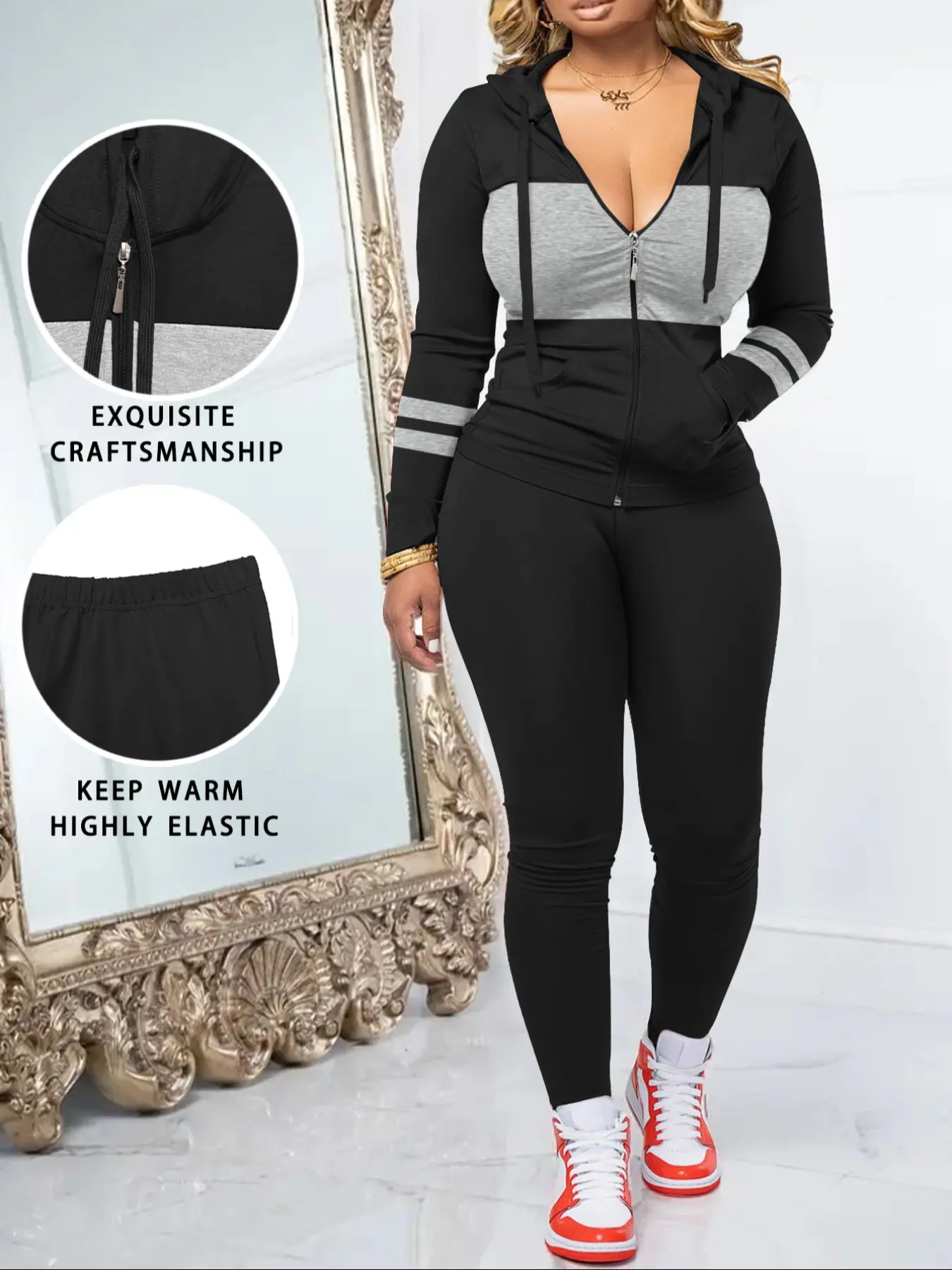 Women's Fashion Colorblock Hooded, Slim-Fit Zipper Cardigan & High-Waist Skinny Pants, Casual Gym Leggings Athleisure Wear Tracksuit Set Sporty Style Clothes Athleisure Tracksuit Outfit Casual Sportswear Outfit