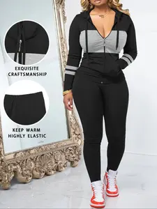 Women's Fashion Colorblock Hooded, Slim-Fit Zipper Cardigan & High-Waist Skinny Pants, Casual Gym Leggings Tracksuit Set