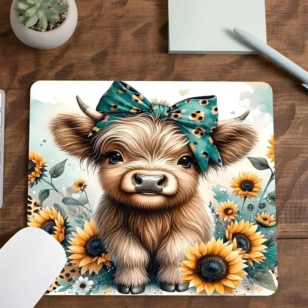 Cute Highland Calf with Bow Square Mouse Pad, Aesthetic Desktop Protective Pad, Rubber Anti-slip Lockedge Work Pad, Small Size Suitable for Laptop, Desktop Computer Games, Work, Non slip mousepad