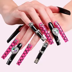 Y2K Hot Pink Black Heart Cross Bling Fake Nails Gothic Kawaii Nails Long Square Press On Nails 10PCS