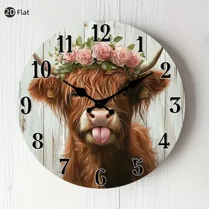 1 Highland Cow with Wreath Wall Clock - Silent, Rustic Style Decor, AA Battery Powered (Not Included), Suitable for Living Room, Kitchen, Office, Cow Kitchen Decor, 2D Flat Design, Decorative Clock, Home Decor