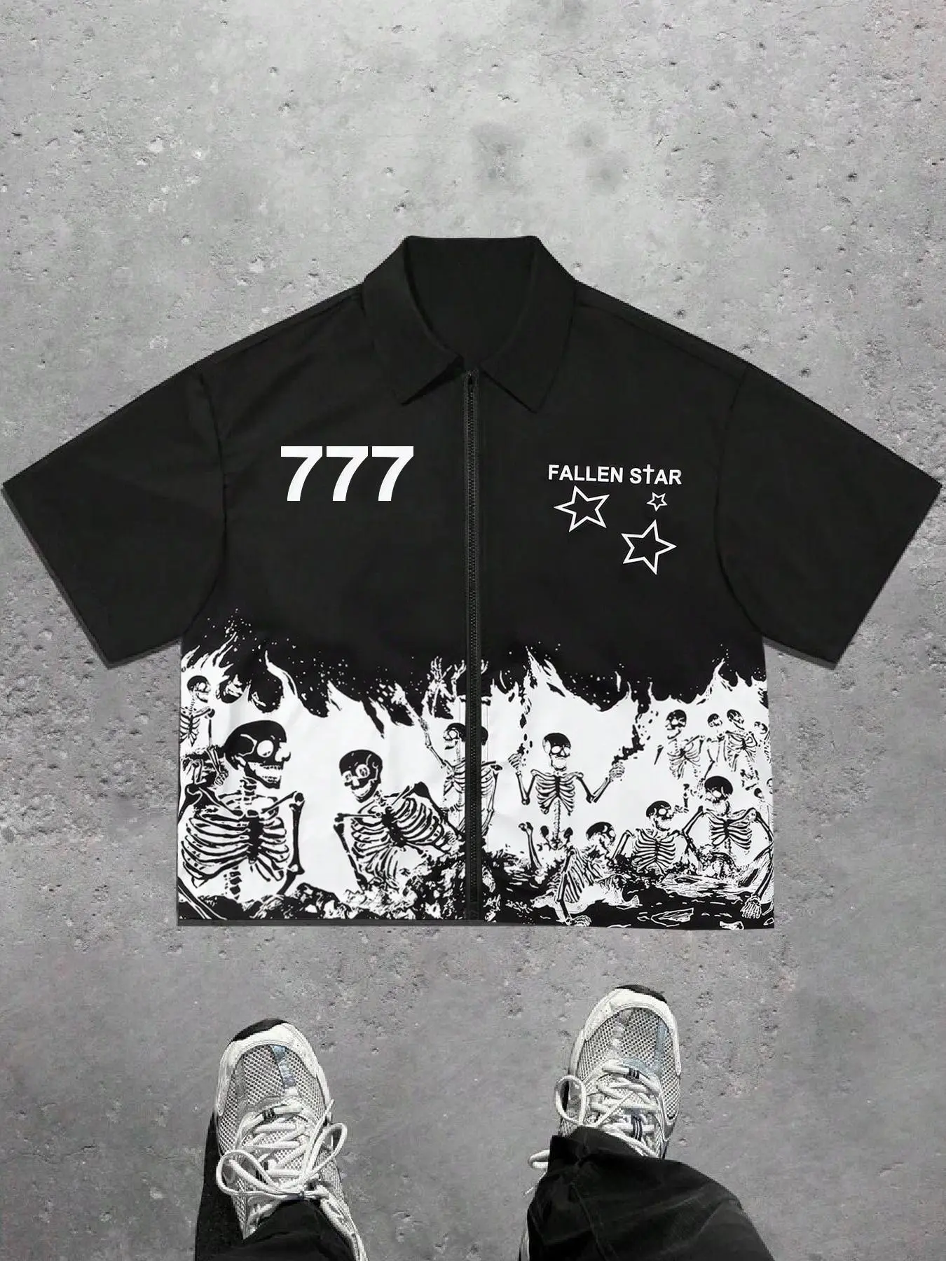 Men's Graphic Skull Print Zip Up Jacket, Loose Casual Fashion Short Sleeve Collared Outerwear for Summer, Men's Clothes for Daily Wear, Coats, Streetwear Outerwear