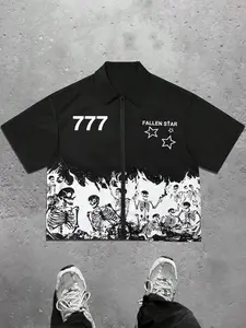 Men's Skull Print Fallen Star Graphic Zip Up Jacket, Loose Casual Fashion Short Sleeve Collared Outerwear for Summer, Men's Clothes for Daily Wear, Coats, Menswear
