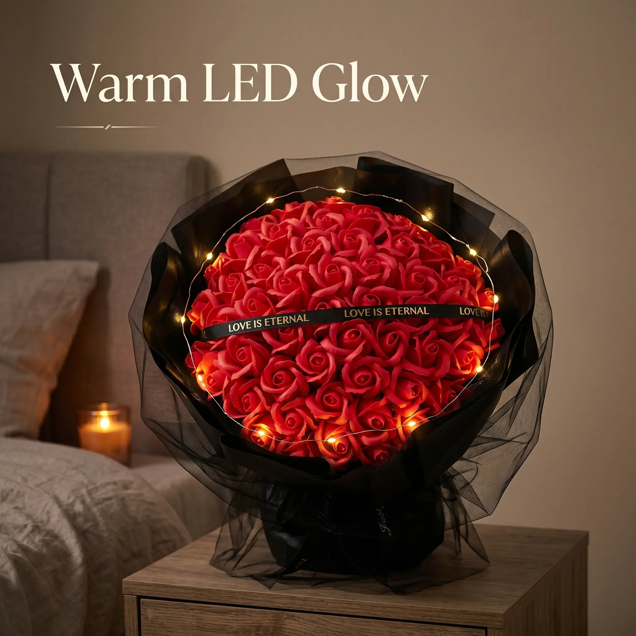PeaWove Light Up 52 Pcs Premium Faux Rose Bouquet with Warm LED Glow - Scented Eternal Flowers Luxury Gift Set for Anniversary