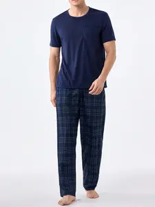 Men's Cartoon Print Short Sleeve Sleepwear Set, 2-Piece Plaid Long Pants Pajama Suit, Comfortable Nightwear for Men, Pjs, Loungewear, Pyjamas, Top