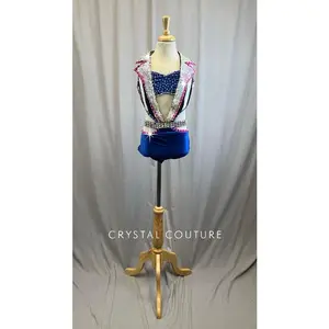 Custom Royal Blue, Hot Pink, and Black and White Tuxedo Cutout Leotard -Rhinestones, Accessories