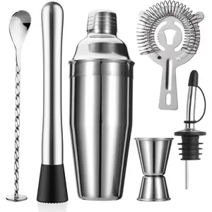 6-count Cocktail Shaker Set 24oz Shaker Strainer Muddler Jigger Mixing Spoon Pour Spout Bartender Kit Stainless Steel Bar Set Housewarming Gift