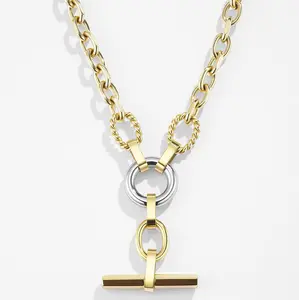 Two-tone metal spliced chain necklace｜Twisted ring clasp + T-bar clasp design｜Vintage and unique unisex accessory｜Top choice for daily outfits & holiday gifting