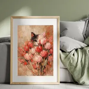 Abstract Cat in Flowers Poster, Pink Tulip Art, Minimalist Home Decor | Unframed B